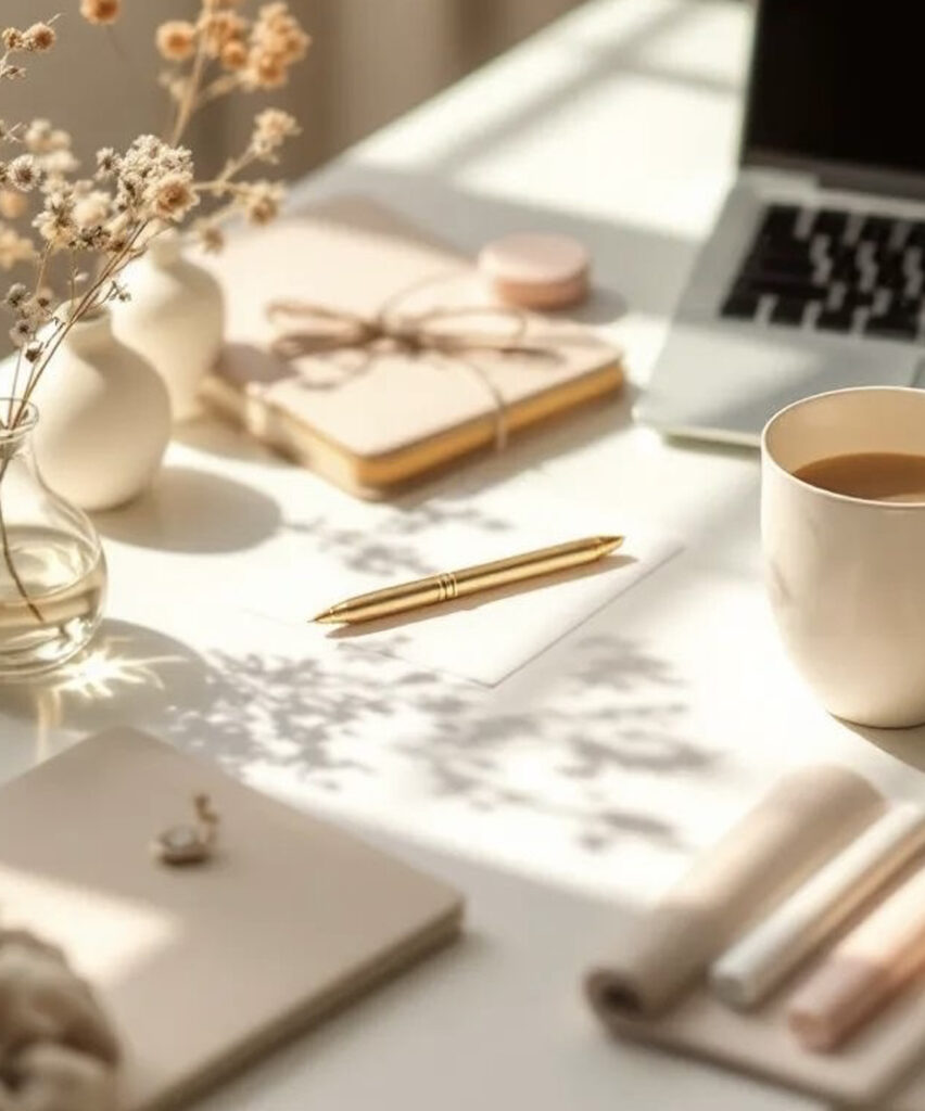 Espace de travail lumineux avec carnet, stylo, café et ordinateur portable.